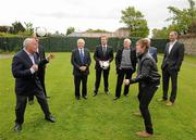 17 May 2012; RTÉ’s pundit Liam Brady, left, and RTÉ’s radio presenter Hector O'hEochagain in action as fellow presenters and pundits, including Kenny Cunningham, John Giles, Darragh Maloney, Eamon Dunphy, Bill O'Herlihy and Richard Sadlier watch on at the launch of RTÉ’s EURO 2012 coverage. RTÉ, Donnybrook, Dublin. Picture credit: Stephen McCarthy / SPORTSFILE