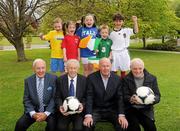 17 May 2012; RTÉ Sport presenter Bill O'Herlihy, left, with pundits John Giles, Liam Brady and Eamon Dunphy with children, from left, Liam Hyland, age 5, from Walkinstown, Dublin, Robyn Dempsey, age 5, from Kilcullen, Co. Kildare, Susie Power, age 8, from Kilcullen, Co. Kildare, Callum Heath, age 4, from Tallaght, Dublin, and Rowan Durmis, ahe 6, from Citywest, Dublin, at the launch of RTÉ’s EURO 2012 coverage. RTÉ, Donnybrook, Dublin. Picture credit: Stephen McCarthy / SPORTSFILE