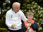 18 May 2012; Republic of Ireland manager Giovanni Trapattoni and Adam Morgan, Dunboyne AFC, enjoy a glass of milk at the official launch of the new sponsorship by the National Dairy Council of the FAI's Football For All programme. Portmarnock Golf Links Hotel, Portmarnock, Co. Dublin. Picture credit: Stephen McCarthy / SPORTSFILE