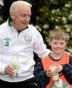 18 May 2012; Republic of Ireland manager Giovanni Trapattoni and Adam Morgan, Dunboyne AFC, enjoy a glass of milk at the official launch of the new sponsorship by the National Dairy Council of the FAI's Football For All programme. Portmarnock Golf Links Hotel, Portmarnock, Co. Dublin. Picture credit: Stephen McCarthy / SPORTSFILE
