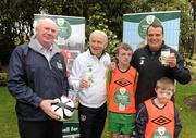18 May 2012; Republic of Ireland manager Giovanni Trapattoni and assistant manager Marco Tardelli, right, with Jackie Cahill, Chairman of The National Dairy Council, left, and Football For All players Scott Mates, Lourdes Celtic, and Cathal McKiernan, Cabintelly, right, at the official launch of the new sponsorship by the National Dairy Council of the FAI's Football For All programme. Portmarnock Golf Links Hotel, Portmarnock, Co. Dublin. Picture credit: Stephen McCarthy / SPORTSFILE