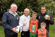18 May 2012; Republic of Ireland manager Giovanni Trapattoni and assistant manager Marco Tardelli, right, with Jackie Cahill, Chairman of The National Dairy Council, left, and Football For All players Scott Mates, Lourdes Celtic, and Cathal McKiernan, Cabintelly, right, at the official launch of the new sponsorship by the National Dairy Council of the FAI's Football For All programme. Portmarnock Golf Links Hotel, Portmarnock, Co. Dublin. Picture credit: Stephen McCarthy / SPORTSFILE