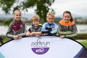 20 August 2017; Parkrun Ireland, in partnership with Vhi, expanded their range of junior events to ten with the introduction of the Oranmore Junior Parkrun on Sunday morning. Junior parkruns are 2km long and cater for 4 to 14 year olds, free of charge providing a fun and safe environment for children to enjoy exercise. To register for a parkrun near you visit www.parkrun.ie. New registrants should select their chosen event as their home location. You will then receive a personal barcode which acts as your free entry to any parkrun event worldwide. Pictured at the Oranmore Junior Parkrun, in partnnership with Vhi are, from left, Laoise Gallagher, aged 11, from Oranmore, Conor Bidwell, aged 9, from Claregalway, Cathal Gallagher, aged 9, from Oranmore, and Harriet Burke, aged 10, from Ballinderreen. Rinville Park, Oranmore, Co Galway. Photo by Diarmuid Greene/Sportsfile