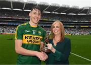 20 August 2017; Pictured is Lisa Browne, Head of Marketing at Electric Ireland, proud sponsor of the Electric Ireland GAA All-Ireland Minor Championships, presenting David Clifford of Kerry with the Player of the Match award for his outstanding performance in the Electric Ireland GAA Football All-Ireland Minor Championship Semi-Final. Throughout the Championships fans can follow the conversation, support the Minors and be a part of something major through the hashtag #GAAThisIsMajor. Photo by Ray McManus/Sportsfile