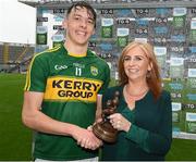 20 August 2017; Pictured is Lisa Browne, Head of Marketing at Electric Ireland, proud sponsor of the Electric Ireland GAA All-Ireland Minor Championships, presenting David Clifford of Kerry with the Player of the Match award for his outstanding performance in the Electric Ireland GAA Football All-Ireland Minor Championship Semi-Final. Throughout the Championships fans can follow the conversation, support the Minors and be a part of something major through the hashtag #GAAThisIsMajor. Photo by Ray McManus/Sportsfile