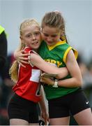 20 August 2017; Grainne Moran of St Josephs, Co Louth, left, and Saoirse Dillon of Duagh Lyre, Co Kerry, embrace following the Girls U10 and O8 100m Final during day 2 of the Aldi Community Games August Festival 2017 at the National Sports Campus in Dublin. Photo by Sam Barnes/Sportsfile