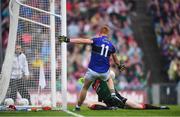 20 August 2017; Johnny Buckley of Kerry shoots to score his side's second goal past Mayo goalkeeper David Clarke during the GAA Football All-Ireland Senior Championship Semi-Final match between Kerry and Mayo at Croke Park in Dublin. Photo by Stephen McCarthy/Sportsfile