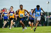 20 August 2017; Gabriel Kehinde of Ennis St Johns, Co Clare, centre, and Marvellous Agbator of Balbriggan, Co Dublin, competing in the Boys U16 and O14 100m Final during day 2 of the Aldi Community Games August Festival 2017 at the National Sports Campus in Dublin. Photo by Sam Barnes/Sportsfile