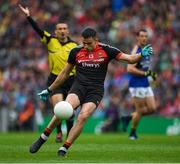 20 August 2017; Jason Doherty of Mayo kicks a point as Referee Maurice Deegan plays advantage during the GAA Football All-Ireland Senior Championship Semi-Final match between Kerry and Mayo at Croke Park in Dublin. Photo by Ray McManus/Sportsfile