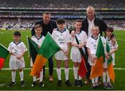 20 August 2017; eir GAA flagbearers, from left, Jonah Flanagan, Conor Mayock, Liam Palmer, Jack Nevin, Isabelle Anslow  and Grainne Daughton pictured with eir GAA ambassadors Tomás Ó Sé and David Brady at the All-Ireland Senior Football Semi-final between Mayo and Kerry in Croke Park, Dublin. Photo by Stephen McCarthy/Sportsfile