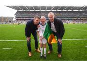 20 August 2017; eir GAA flagbearer Isabelle Anslow pictured with eir GAA ambassadors Tomás Ó Sé and David Brady at the All-Ireland Senior Football Semi-final between Mayo and Kerry in Croke Park, Dublin. Photo by Stephen McCarthy/Sportsfile