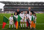20 August 2017; eir GAA flagbearers, from left, Jonah Flanagan, Conor Mayock, Liam Palmer, Jack Nevin, Isabelle Anslow  and Grainne Daughton pictured with eir GAA ambassadors Tomás Ó Sé and David Brady at the All-Ireland Senior Football Semi-final between Mayo and Kerry in Croke Park, Dublin. Photo by Stephen McCarthy/Sportsfile