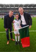 20 August 2017; eir GAA flagbearer Jack Nevin pictured with eir GAA ambassadors Tomás Ó Sé and David Brady at the All-Ireland Senior Football Semi-final between Mayo and Kerry in Croke Park, Dublin. Photo by Stephen McCarthy/Sportsfile