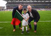 20 August 2017; eir GAA flagbearer Jonah Flanagan pictured with eir GAA ambassadors Tomás Ó Sé and David Brady at the All-Ireland Senior Football Semi-final between Mayo and Kerry in Croke Park, Dublin. Photo by Stephen McCarthy/Sportsfile