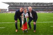 20 August 2017; eir GAA flagbearer Conor Mayock pictured with eir GAA ambassadors Tomás Ó Sé and David Brady at the All-Ireland Senior Football Semi-final between Mayo and Kerry in Croke Park, Dublin. Photo by Stephen McCarthy/Sportsfile