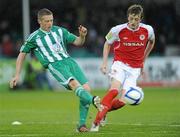 18 May 2012; Dean Zambra, Bray Wanderers, in action against Chris Forrester, St Patrick's Athletic. Airtricity League Premier Division, Bray Wanderers v St Patrick's Athletic, Carlisle Grounds, Bray, Co. Wicklow. Picture credit: Matt Browne / SPORTSFILE