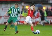 18 May 2012; John Russell, St Patrick's Athletic, in action against Adam Hanlon, Bray Wanderers. Airtricity League Premier Division, Bray Wanderers v St Patrick's Athletic, Carlisle Grounds, Bray, Co. Wicklow. Picture credit: Matt Browne / SPORTSFILE