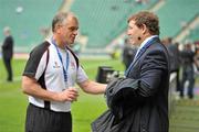 19 May 2012; Ulster head coach Brian McLaughlin in conversation with Sky Sports pundit Paul Wallace before the game. Heineken Cup Final, Leinster v Ulster, Twickenham Stadium, Twickenham, England. Picture credit: Diarmuid Greene / SPORTSFILE