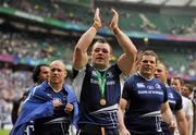 19 May 2012; Leinster players Richardt Strauss, left, Cian Healy, centre, and Mike Ross, celebrate after victory over Ulster. Heineken Cup Final, Leinster v Ulster, Twickenham Stadium, Twickenham, England. Picture credit: Diarmuid Greene / SPORTSFILE