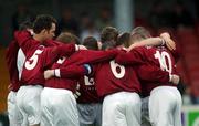 31 July 2002; Galway United players in a huddle prior to the FAI Carlsberg Cup Second Round Replay match between Galway United and St Patrick's Athletic at Terryland Park in Galway. Photo by Damien Eagers/Sportsfile