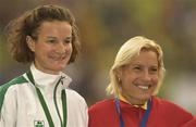 10 August 2002; Sonia O'Sullivan of Ireland, left, with the silver medal she won in the Women's 5000m Final alongside gold medallist Marta Dominguez of Spain at the European Championships in the Olympic Stadium in Munich, Germany. Photo by Brendan Moran/Sportsfile