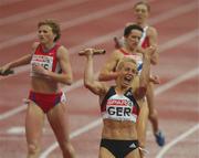 11 August 2002; Grit Breuer of Germany celebrates winning the Gold Medal in the Women's 4x400m Final at the European Championships in the Olympic Stadium in Munich, Germany. Photo by Brendan Moran/Sportsfile