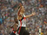 8 August 2002; Ingo Schultz of Germany celebrates winning the Men's 400m Final ahead of Daniel Caines of Great Britain at the European Championships in the Olympic Stadium in Munich, Germany. Photo by Brendan Moran/Sportsfile