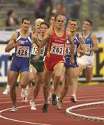 8 August 2002; Reyes Estevez of Spain, 263, leads the field from Mehdi Baala of France, 428, and Rui Silva of Portugal, 1216, during the Men's 1500m Final at the European Championships in the Olympic Stadium in Munich, Germany. Photo by Brendan Moran/Sportsfile