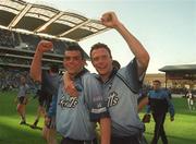 17 August 2002; Dublin players Paul Casey, left, and Peadar Andrews celebrate after the Bank of Ireland All-Ireland Senior Football Championship Quarter-Final Replay match between Dublin and Donegal at Croke Park in Dublin. Photo by Damien Eagers/Sportsfile
