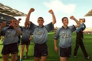 17 August 2002; Dublin players, from left, Eoin Bennis, Paul Casey and Colin Moran celebrate after the Bank of Ireland All-Ireland Senior Football Championship Quarter-Final Replay match between Dublin and Donegal at Croke Park in Dublin. Photo by Damien Eagers/Sportsfile