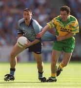 17 August 2002; Senan Connell of Dublin in action against Damien Diver of Donegal during the Bank of Ireland All-Ireland Senior Football Championship Quarter-Final Replay match between Dublin and Donegal at Croke Park in Dublin. Photo by Ray McManus/Sportsfile