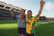 17 August 2002; Dublin players Ray Cosgrove, left, and Alan Brogan celebrate after the Bank of Ireland All-Ireland Senior Football Championship Quarter-Final Replay match between Dublin and Donegal at Croke Park in Dublin. Photo by Damien Eagers/Sportsfile
