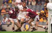 18 August 2002; James Farrell of Galway gets possession in his own goal mouth under pressure from James Fitzpatrick of Kilkenny during the All-Ireland Minor Hurling Championship Semi-Final match between Kilkenny and Galway at Croke Park in Dublin. Photo by Ray McManus/Sportsfile
