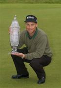 18 August 2002; Champion Adam Mednick with the trophy after day four of the North West of Ireland Open at Ballyliffin Golf Club, Glasheby Links, in Donegal. Photo by Matt Browne/Sportsfile