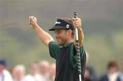 18 August 2002; Adam Mednick celebrates winning the North West of Ireland Open with a birdie putt on the 18th green during day two of the North West of Ireland Open at Ballyliffin Golf Club, Glasheby Links, in Donegal. Photo by Matt Browne/Sportsfile