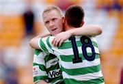 18 August 2002; Sean Francis of Shamrock Rovers, left, celebrates with team-mate Marc Kenny after scoring his side's second goal during the FAI Carlsberg Cup Third Round match between Shamrock Rovers and Cobh Ramblers at Tolka Park in Dublin. Photo by David Maher/Sportsfile