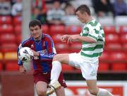 18 August 2002; Noel Hunt of Shamrock Rovers in action against Michael Brosnan of Cobh Ramblers during the FAI Carlsberg Cup Third Round match between Shamrock Rovers and Cobh Ramblers at Tolka Park in Dublin. Photo by David Maher/Sportsfile