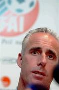 19 August 2002; Republic of Ireland manager Mick McCarthy during a Republic of Ireland press conference at the Holiday Inn Hotel, Dublin Airport. Photo by David Maher/Sportsfile *EDI*