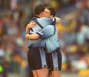 17 August 2002; Dublin players Colin Moran, right, and Jonathan Magee celebrate after the Bank of Ireland All-Ireland Senior Football Championship Quarter-Final Replay match between Dublin and Donegal at Croke Park in Dublin. Photo by Ray McManus/Sportsfile