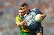 17 August 2002; Senan Connell of Dublin is tackled by John Gildea of Donegal during the Bank of Ireland All-Ireland Senior Football Championship Quarter-Final Replay match between Dublin and Donegal at Croke Park in Dublin. Photo by Damien Eagers/Sportsfile