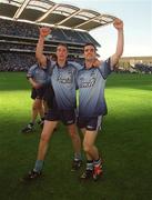 17 August 2002; Dublin players Barry Cahill, left, and John McNally celebrate after the Bank of Ireland All-Ireland Senior Football Championship Quarter-Final Replay match between Dublin and Donegal at Croke Park in Dublin. Photo by Damien Eagers/Sportsfile