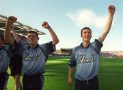 17 August 2002; Dublin players Paul Casey, left, and Colin Moran celebrate after the Bank of Ireland All-Ireland Senior Football Championship Quarter-Final Replay match between Dublin and Donegal at Croke Park in Dublin. Photo by Damien Eagers/Sportsfile