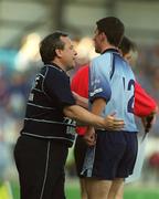 17 August 2002; Dublin manager Tommy Lyons with Colin Moran as Moran is substituted during the Bank of Ireland All-Ireland Senior Football Championship Quarter-Final Replay match between Dublin and Donegal at Croke Park in Dublin. Photo by Brendan Moran/Sportsfile