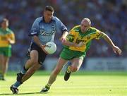 17 August 2002; Senan Connell of Dublin in action against Paul McGonigle of Donegal during the Bank of Ireland All-Ireland Senior Football Championship Quarter-Final Replay match between Dublin and Donegal at Croke Park in Dublin. Photo by Ray McManus/Sportsfile