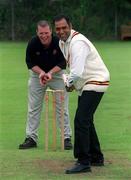 20 August 2002; Rush captain Nasser Shaukat, front, and Malahide captain David McGeehan at the launch of the Royal Liver Irish Senior Cricket Cup Final between Malahide and Rush which will take place on Friday 23rd August, at Clontarf Cricket Club. Photo by Damien Eagers/Sportsfile