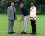 20 August 2002; Pat Hanafin of Royal Liver, left, with Malahide captain David McGeehan, centre, and Rush captain Nasser Shaukat at the launch of the Royal Liver Irish Senior Cricket Cup Final between Malahide and Rush which will take place on Friday 23rd August, at Clontarf Cricket Club. Photo by Damien Eagers/Sportsfile