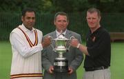 20 August 2002; Pat Hanafin of Royal Liver, centre, with Malahide captain David McGeehan, right, and Rush captain Nasser Shaukat at the launch of the Royal Liver Irish Senior Cricket Cup Final between Malahide and Rush which will take place on Friday 23rd August, at Clontarf Cricket Club. Photo by Damien Eagers/Sportsfile