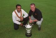 20 August 2002; Malahide captain David McGeehan, right, and Rush captain Nasser Shaukat at the launch of the Royal Liver Irish Senior Cricket Cup Final between Malahide and Rush which will take place on Friday 23rd August, at Clontarf Cricket Club. Photo by Damien Eagers/Sportsfile