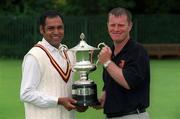 20 August 2002; Malahide captain David McGeehan, right, and Rush captain Nasser Shaukat at the launch of the Royal Liver Irish Senior Cricket Cup Final between Malahide and Rush which will take place on Friday 23rd August, at Clontarf Cricket Club. Photo by Damien Eagers/Sportsfile