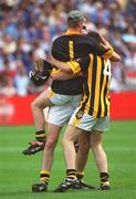 18 August 2002; Kilkenny goalkeeper Colm Grant celebrates with team-mates David Prendergast, 4, and PJ Delaney after the All-Ireland Minor Hurling Championship Semi-Final match between Kilkenny and Galway at Croke Park in Dublin. Photo by Brian Lawless/Sportsfile